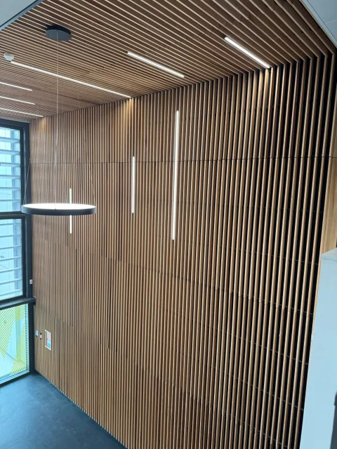 Paneles acústicos decorativos Woodslines: paneles acústicos decorativos de madera en la pared y el techo del Lycée Pierre de Coubertin, aplicación cuya composición se comprueba en la ficha del sistema.