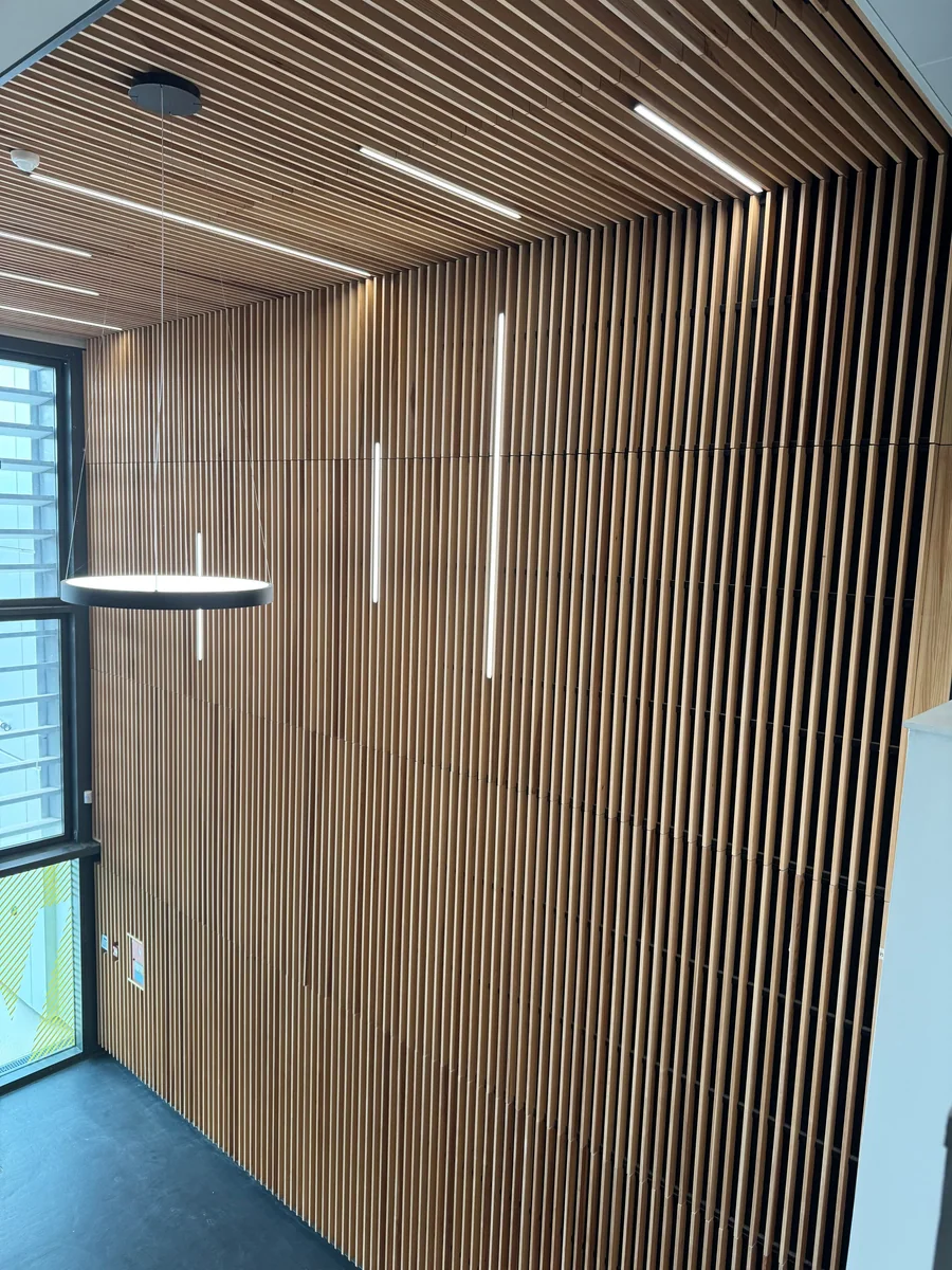 Paneles acústicos decorativos Woodslines: encuentro de lamas de madera entre pared y techo en el Lycée Pierre de Coubertin de Meaux.